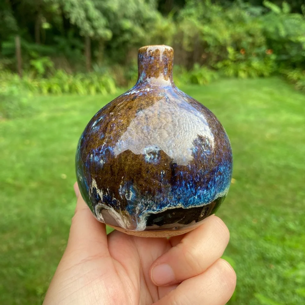 Vintage Brown and Blue Glazed Round Bud Vase - Picture 4 of 13